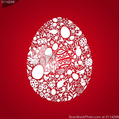 Image of Easter Egg Card of White Objects on Red Background