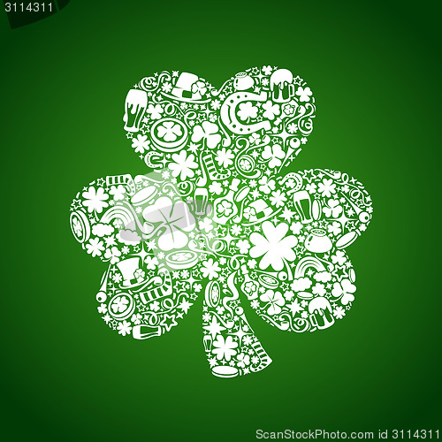 Image of St Patrick's Days card of white objects on green background