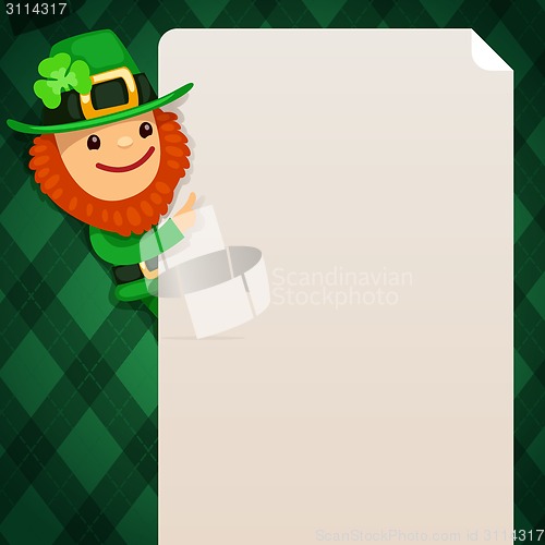 Image of Leprechaun looking at blank poster on green background