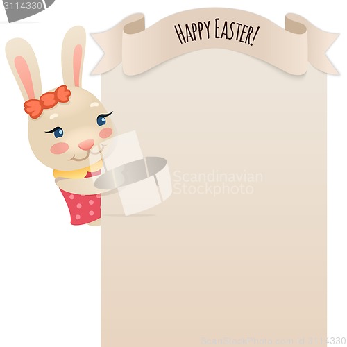 Image of Happy Easter Bunny Girl Looking at Blank Poster