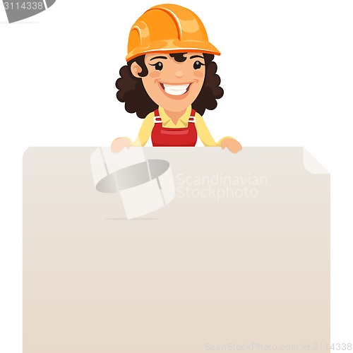 Image of Female Builder Looking at Blank Poster on Top