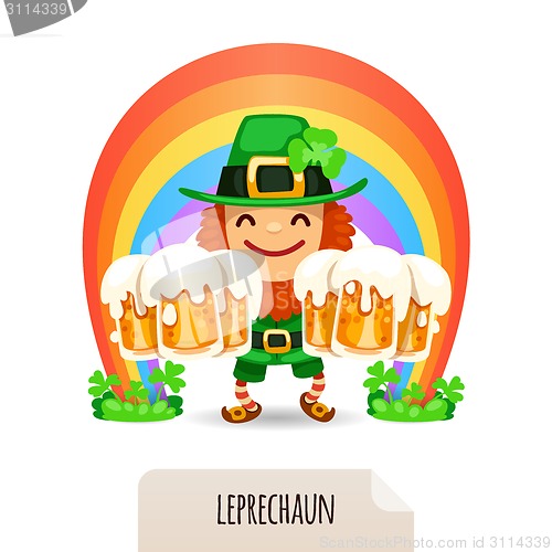Image of Lucky Leprechaun with a beer in front of a rainbow