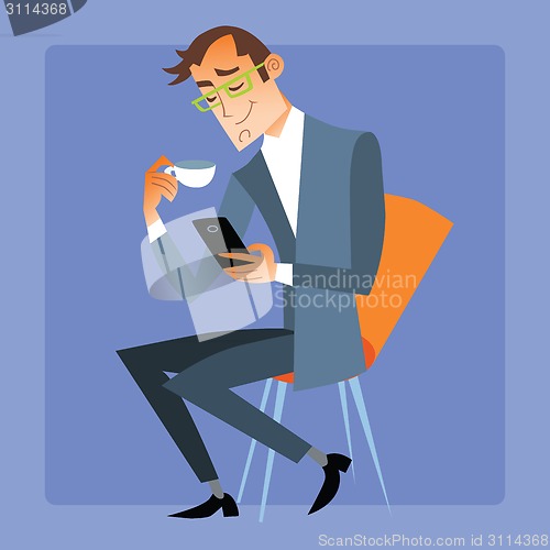 Image of businessman at Seagull tea or coffee reads the message on your p