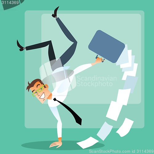 Image of Joyful businessman doing handstand