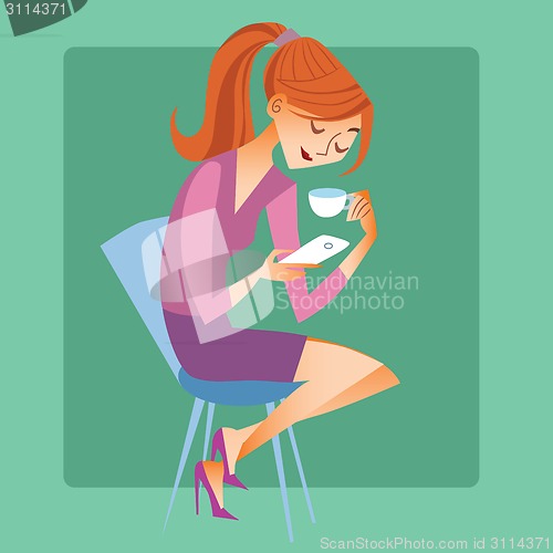 Image of Young woman sitting with a Cup of coffee or tea and read the mes