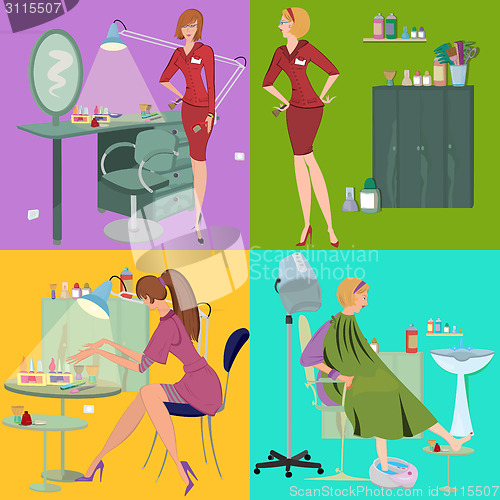 Image of Beauty salon spa employees flat people and furniture