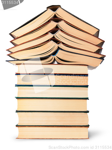 Image of Stack of open and closed old books bottom view