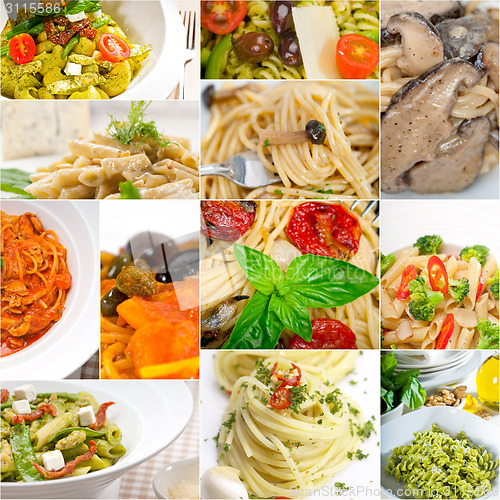 Image of collection of different type of Italian pasta collage