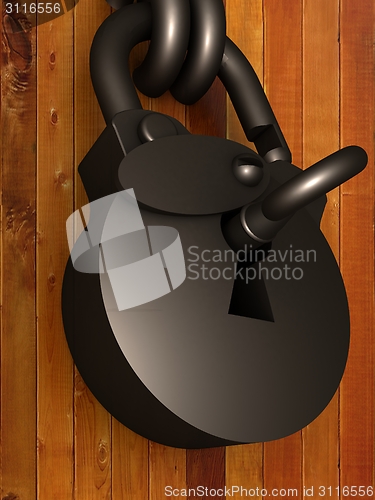 Image of Old padlock on a wooden door