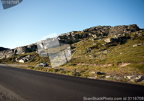 Image of Road through mountain plateau Valdresflye, Jotunheimen, Norway