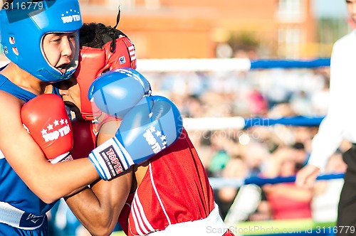 Image of A boxing match Javier Ibanez, Cuba and Malik Bajtleuov, Russia. Defeated Javier Ibanez