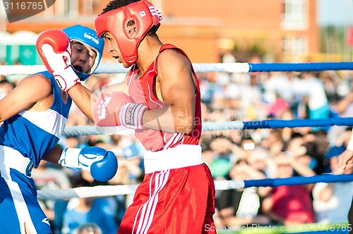 Image of A boxing match Javier Ibanez, Cuba and Malik Bajtleuov, Russia. Defeated Javier Ibanez