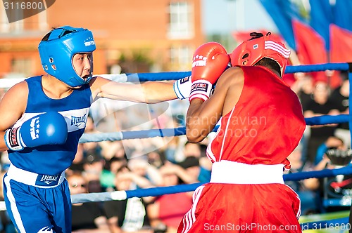 Image of A boxing match Javier Ibanez, Cuba and Malik Bajtleuov, Russia. Defeated Javier Ibanez