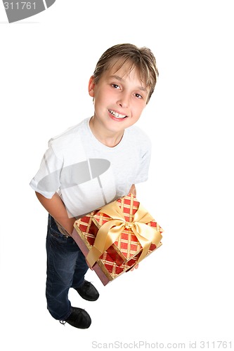 Image of Child holding wrapped presents isolated