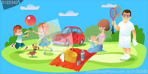 Image of Family picnic, father, mother and children car