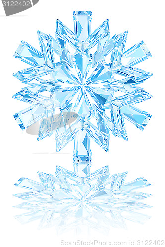 Image of Light blue crystal snowflake on glossy white background