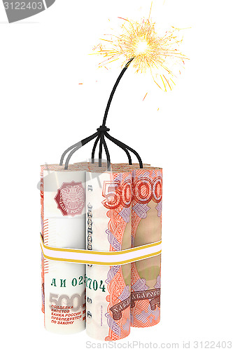 Image of Dynamite composed of ruble bills with a burning wick