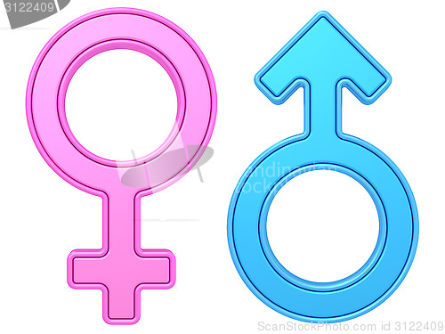 Image of Male and female gender symbols of blue and pink colors on white