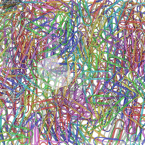 Image of Colorful paper clips on white background