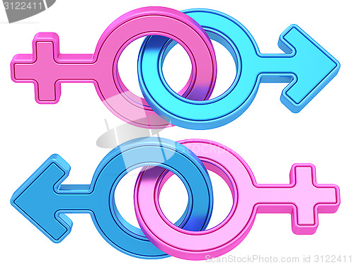 Image of Set of male and female gender symbols chained together on white