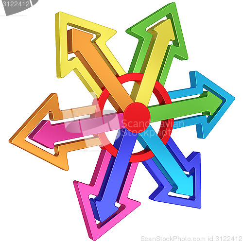 Image of Colorful arrows of different directions with red center on white