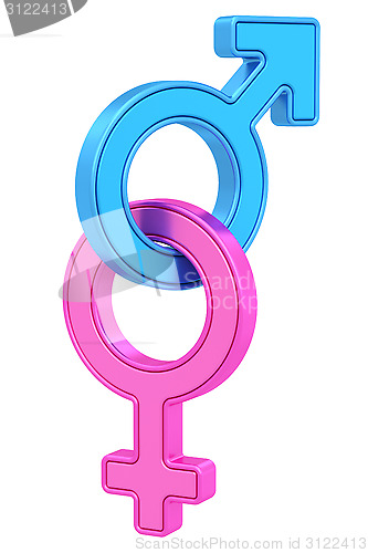 Image of Male and female gender symbols chained together on white