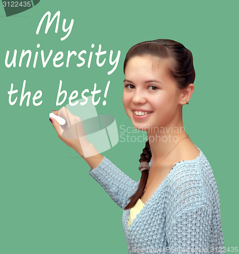 Image of Girl student writes chalk "My university the best!"