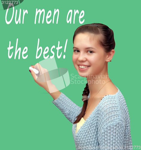 Image of Girl student writes chalk "Our men are the best!"