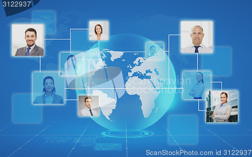 Image of pictures of businesspeople over world map