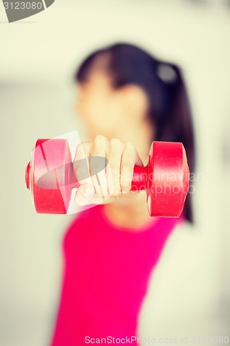 Image of sporty woman hands with light red dumbbells