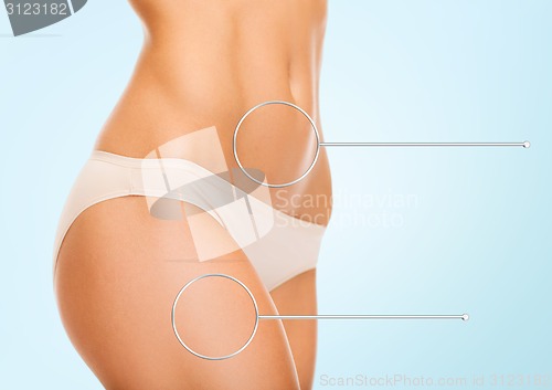 Image of close up of woman hips and torso with magnifier