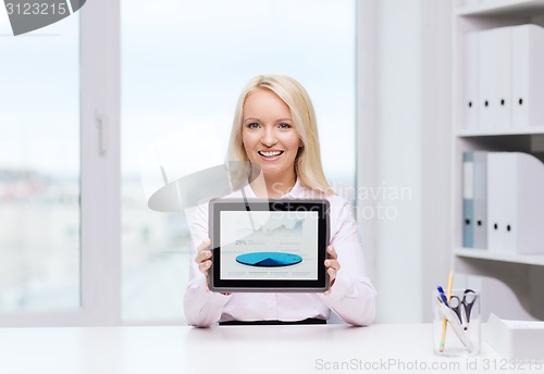 Image of smiling businesswoman or student with tablet pc