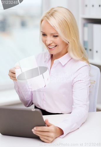 Image of smiling businesswoman or student with tablet pc