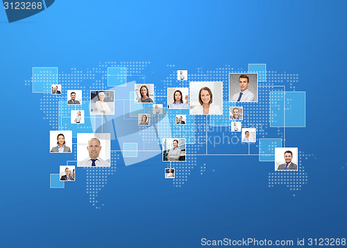 Image of pictures of businesspeople over world map