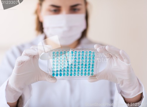 Image of close up of scientist making test in lab