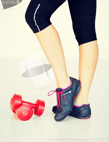Image of sporty woman legs with light red dumbbells