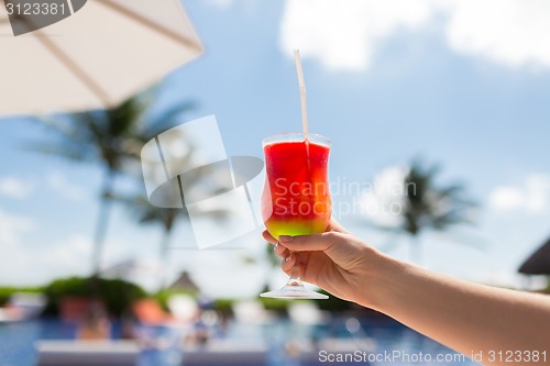 Image of close-up of hand holding glass with cocktail