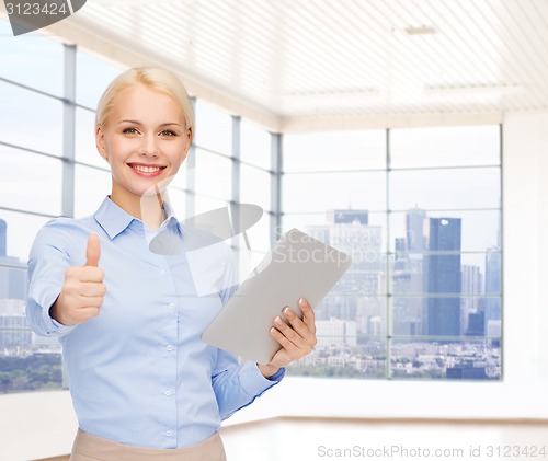 Image of smiling businesswoman or student with tablet pc