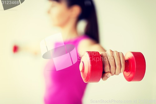 Image of sporty woman hands with light red dumbbells