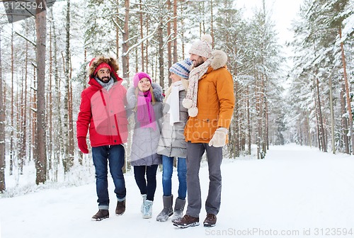 Image of group of smiling men and women in winter forest