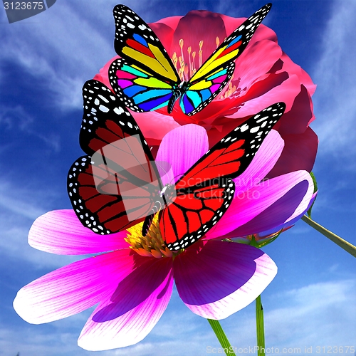 Image of Beautiful Flower and butterfly against the sky 