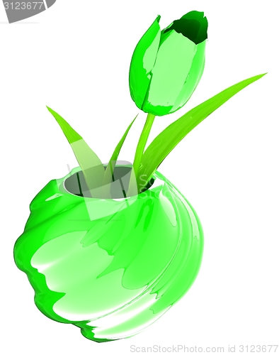 Image of Tulips with leaf in vase