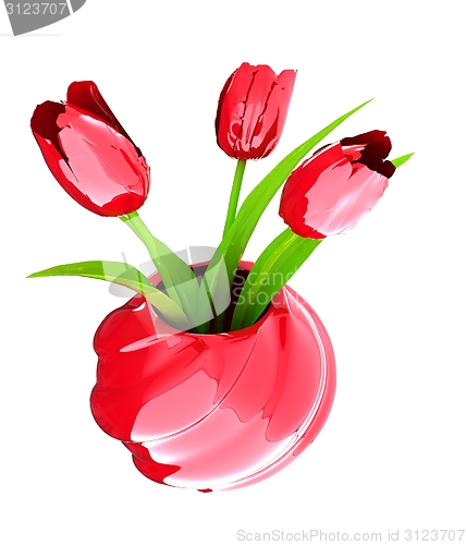 Image of Tulips with leaf in vase