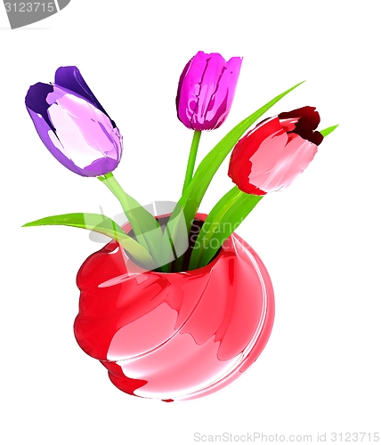 Image of Tulips with leaf in vase