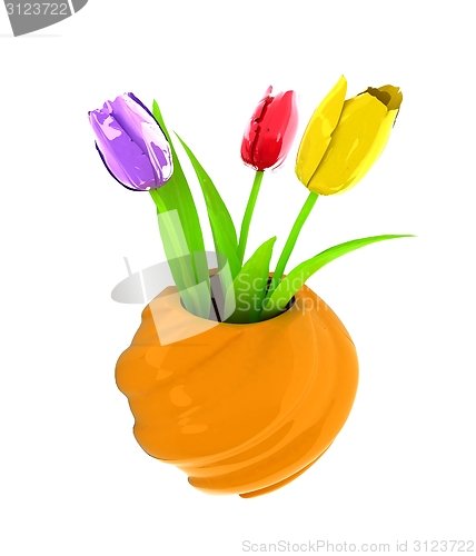 Image of Tulips with leaf in vase