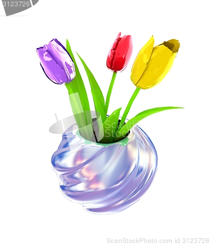 Image of Tulips with leaf in vase