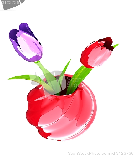 Image of Tulips with leaf in vase