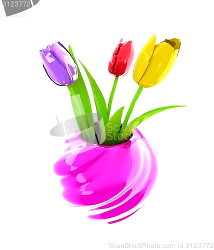 Image of Tulips with leaf in vase