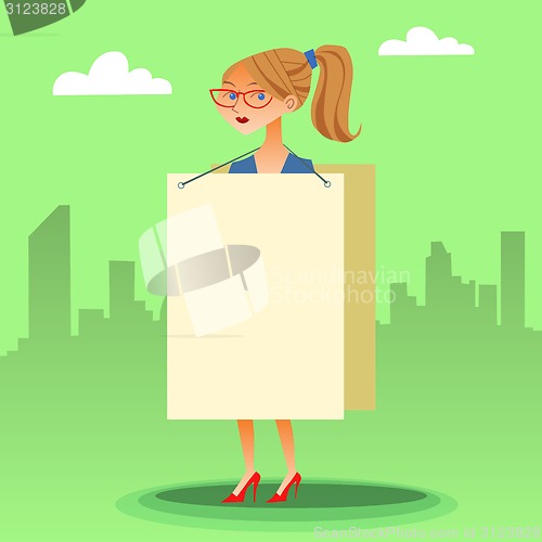 Image of businesswomen with a poster and place for text