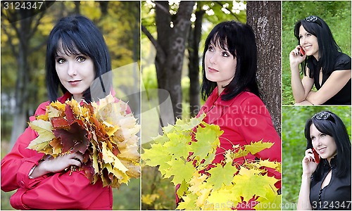 Image of Collage with a girl with autumn leaves and a telephone